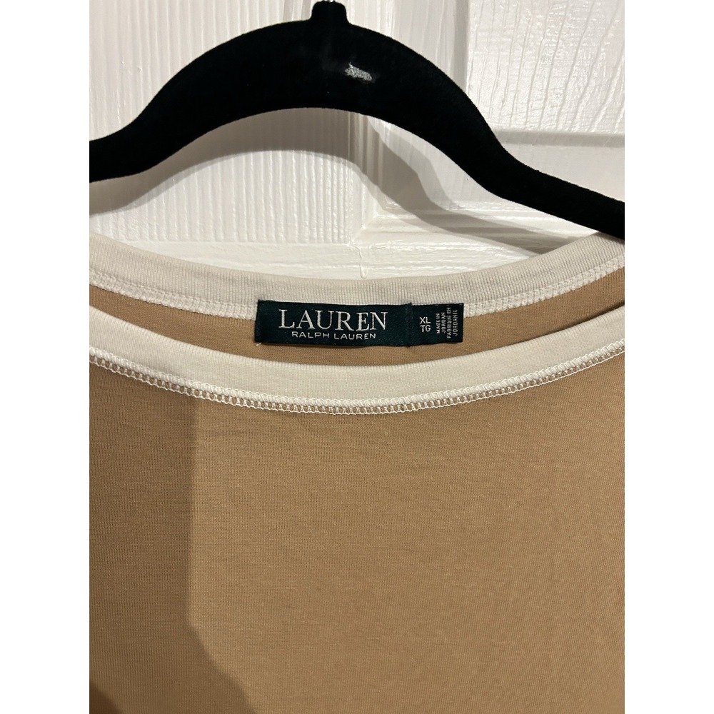 Ralph Lauren Womens XL 3/4 Sleeve Boat Neck Tee Shirt‎ Pocket Sleeve Beige Brown - Picture 2 of 9